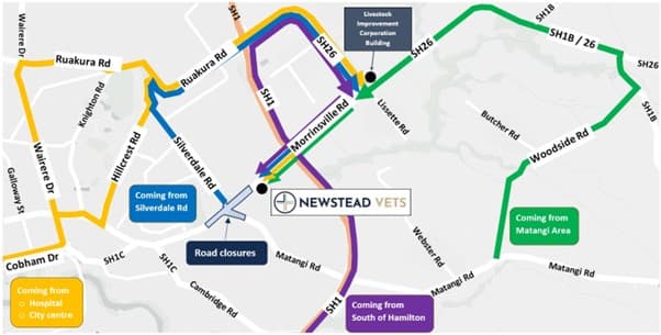 Road closure map showing detour routes to Newstead Vets